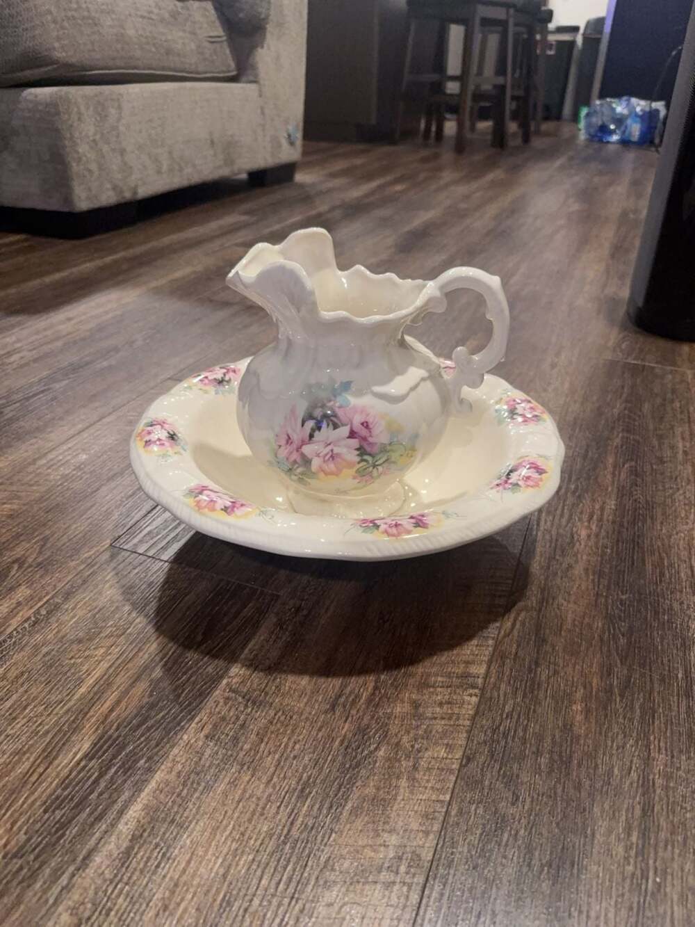 Vintage Floral Porcelain Wash Basin and Pitcher Set
